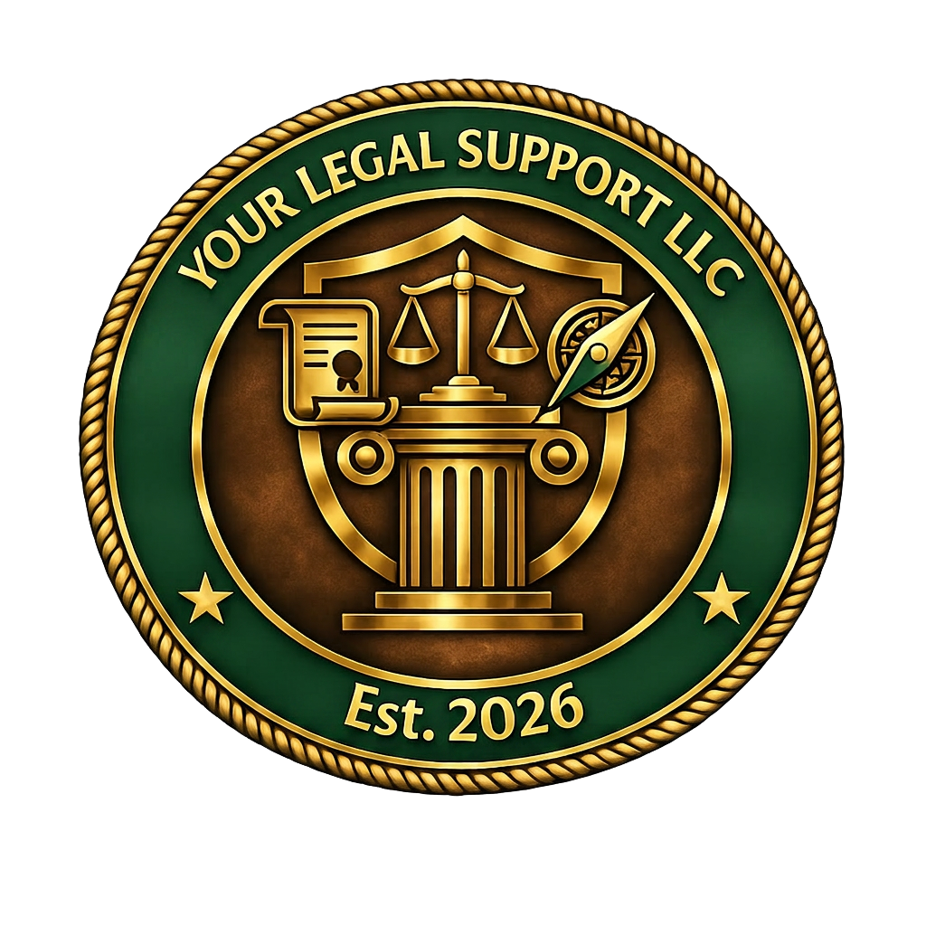 Your Legal Support logo with shield, scale, scroll, compass, and column